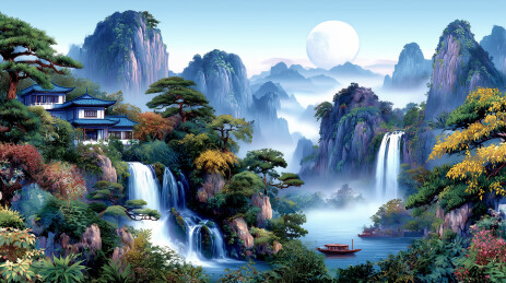 中国传统山水画般的瀑布与古建筑文化