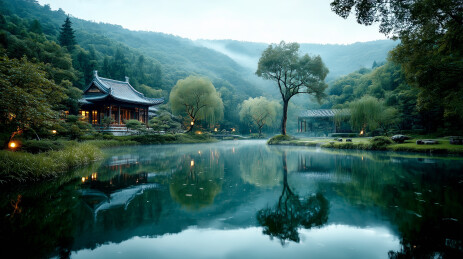 日式园林中的池塘与古建筑倒影传统和谐