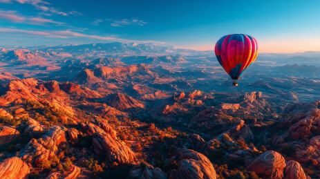 热气球在红色岩石上空飘浮的壮观航拍体验