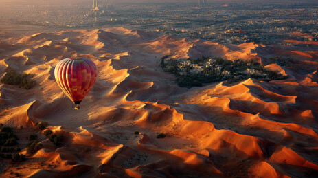 热气球飞越火星地貌的异星探险太空旅游