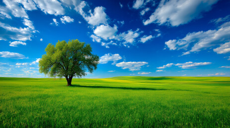 广阔绿色田野中的孤树与蓝天白云宁静农业