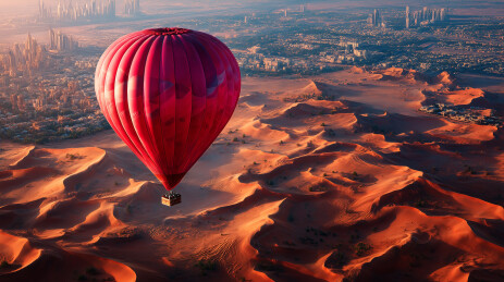 热气球在红色岩石上空飘浮的日出冒险晨光