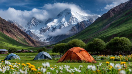 雪山脚下帐篷营地绿草如茵野花遍地