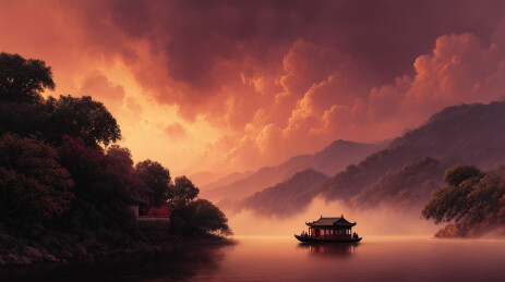 夕阳下的山水风光孤舟泛波意境深远
