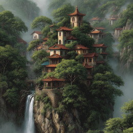 悬崖上的东方古建筑群瀑布飞流直下