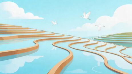 梯田水道与飞鸟的自然景观