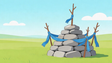 石堆与蓝色布条的户外场景