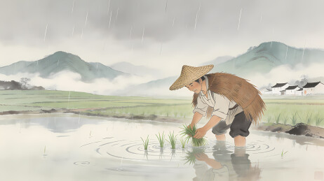 戴斗笠农夫水田劳作