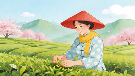 采茶女子樱花茶园