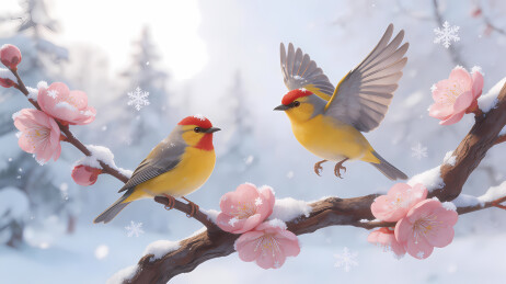 粉花枝头双色鸟