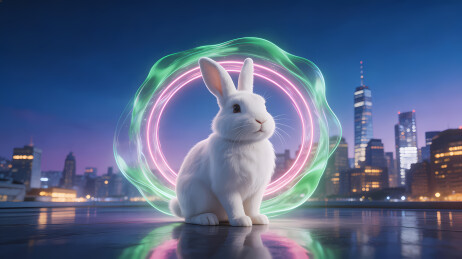 白兔坐圆环夜景水岸