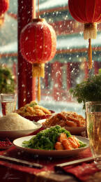 中式年夜饭场景红灯笼与丰盛菜肴