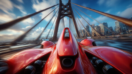 未来城市空中飞车红色飞行器穿