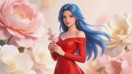蓝发女子红裙花丛中