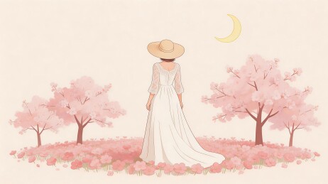 女子身着白衣立于花海