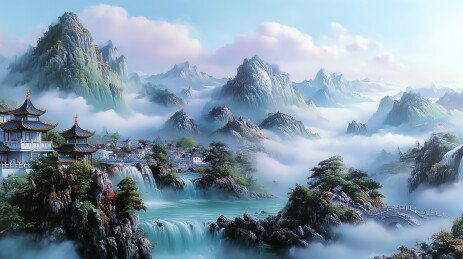 云雾缭绕的仙境山峰古塔隐现于云海之中