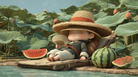 夏日荷塘西瓜传统元素清凉惬意的