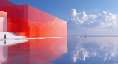红色立方体水面倒影极简主义建筑
