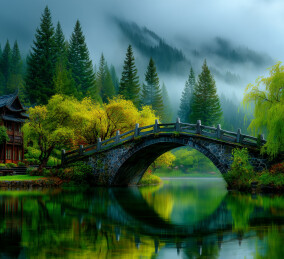 古桥山水倒影中国传统园林建筑自然