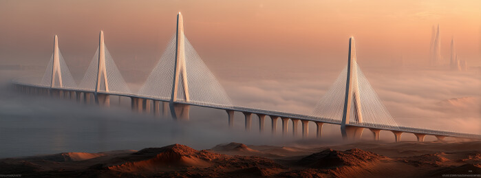 日落时分的现代斜拉桥横跨水面桥塔