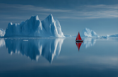 极地冰川景观平静水面倒映巨大冰山远处红船