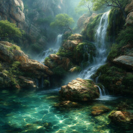 翠绿山谷瀑布水流从岩石间倾泻汇入