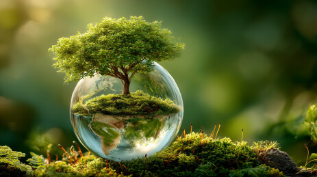 玻璃球中微缩世界里面生长绿色小树