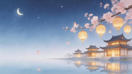 夜景古建筑灯笼樱花