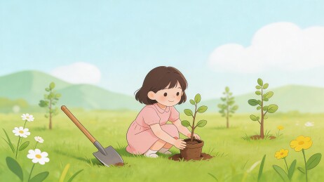 小女孩户外种树插画