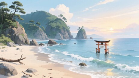 海滩鸟居风景插画