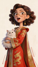 华美贵妇抱着猫咪主题的卡通形象