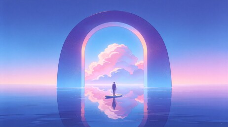 拱门下的水面倒影与云彩天空景象