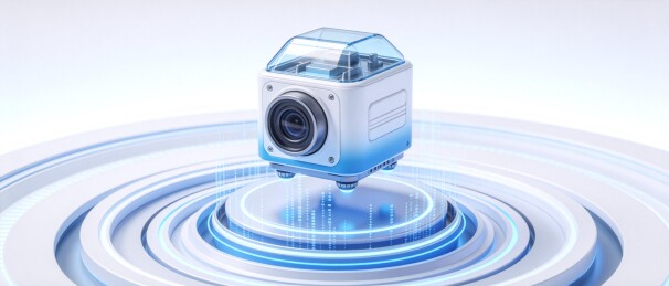 蓝色透明顶盖立方体摄像设备悬浮展示