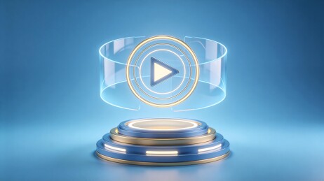 蓝色背景下的全息播放按钮悬浮展示装置