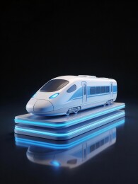 白色流线型高速列车模型置于发光底座上
