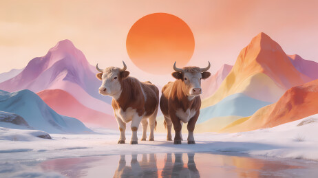 冰面双牛映彩山