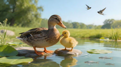 母鸭带小鸭栖石