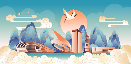 德州国潮风地标建筑插画