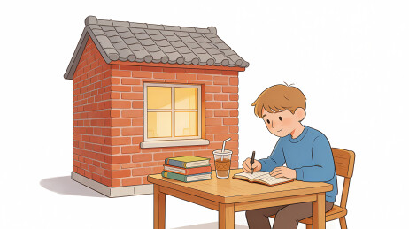 蓝衣男孩木桌写字