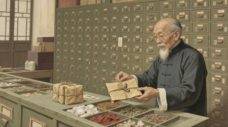 老中医在药铺整理药材