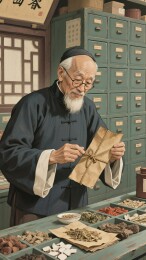 老中医在药铺整理药材