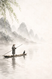 春雾漓江孤舟渔人