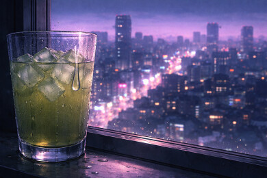 雨夜窗边冰茶杯