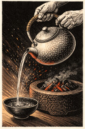 炭火旁铁壶注茶