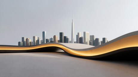 未来城市建筑与波浪形灯光景观