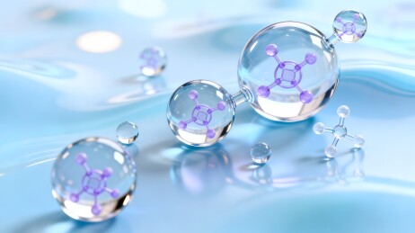 透明液滴中紫色分子结构模型特写