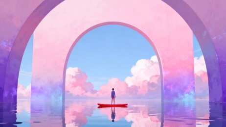 粉紫拱门下水面站立红舟人物剪影