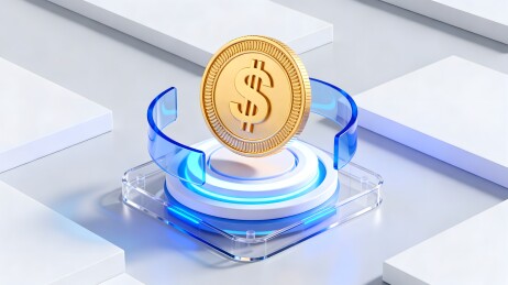 金色美元硬币悬浮于蓝色发光科技底座之上