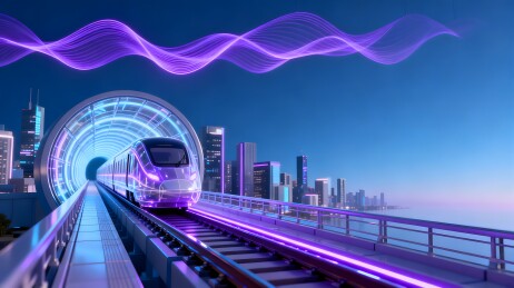 紫色光效高铁穿行未来城市隧道