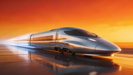 高速列车疾驰橙红天